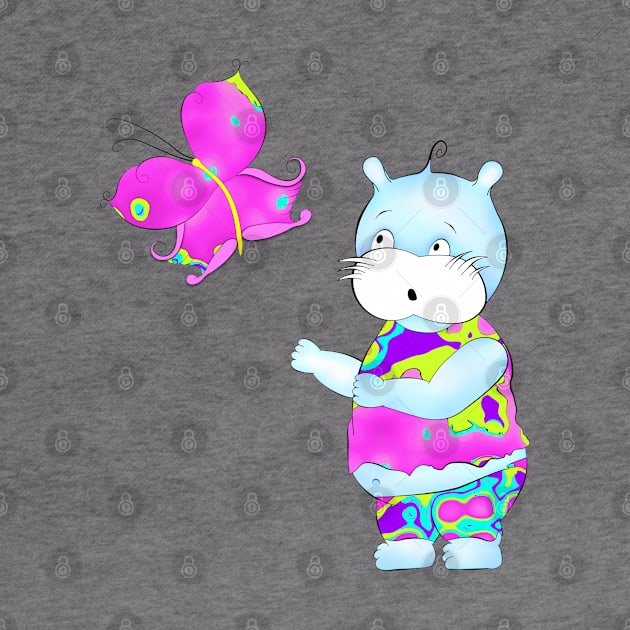 Cute hippie hippo looking at butterfly by stefy